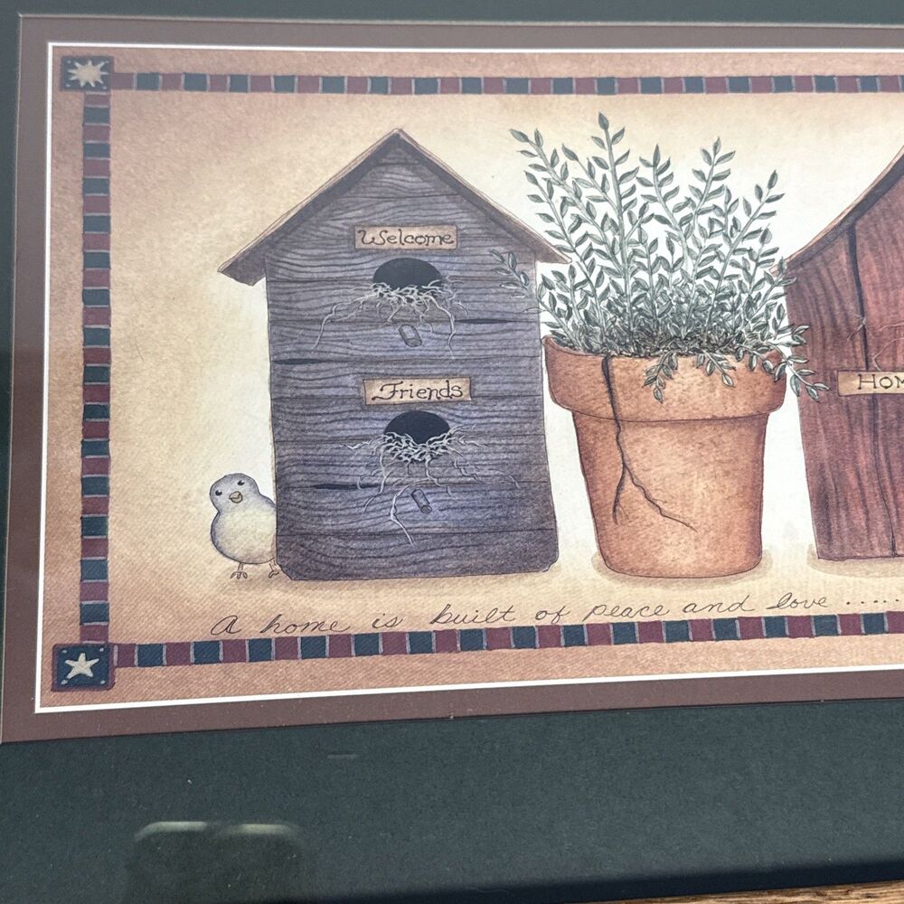 Linda Spivey Art Print Wood Framed Birdhouse w/Potted Plant 23" x 13” God Bless - Picture 2 of 9